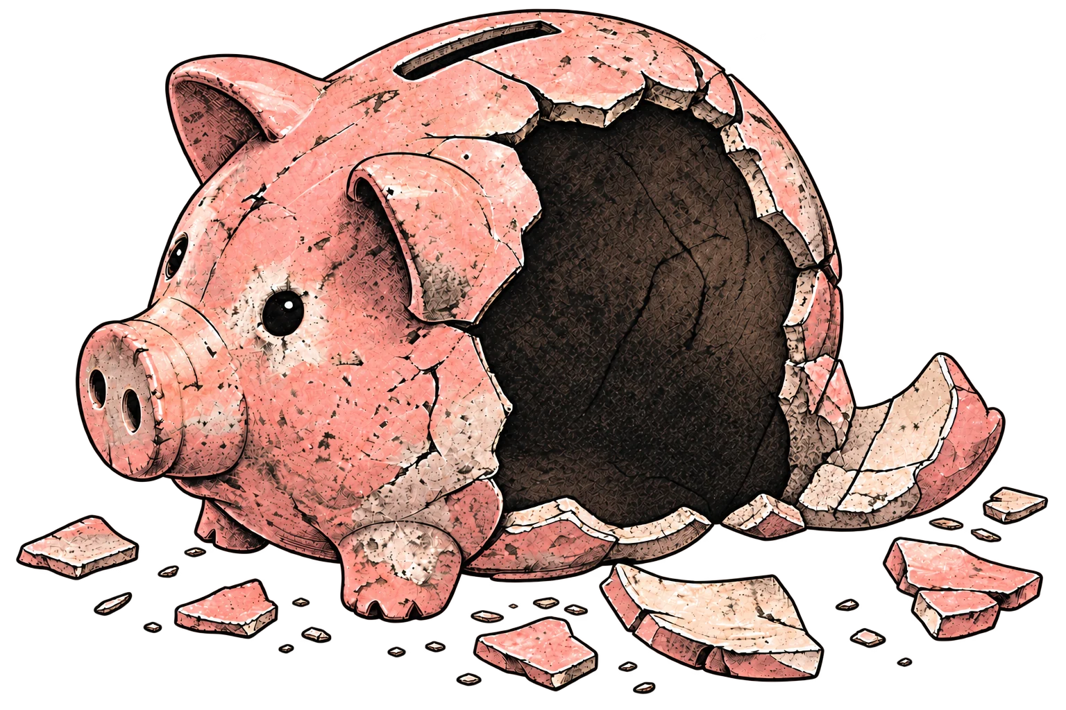 Tirelire rose cassée et vide, entourée de ses éclats de céramique, sur fond transparent.