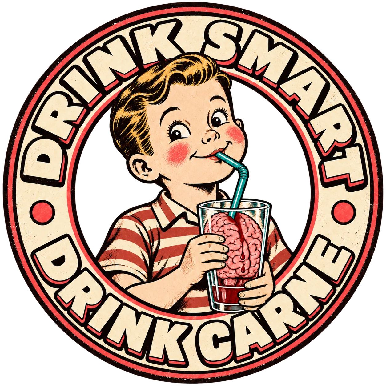 Médaillon Drink Smart, Drink Carne : enfant buvant un cerveau à la paille, fond intérieur transparent.