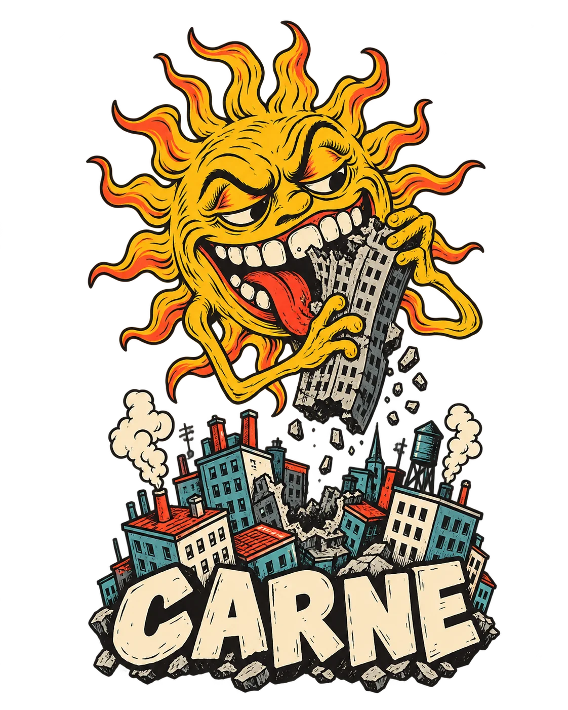 Soleil jaune dévorant un immeuble au-dessus d’une ville, avec le lettrage CARNE crème, sur fond transparent.