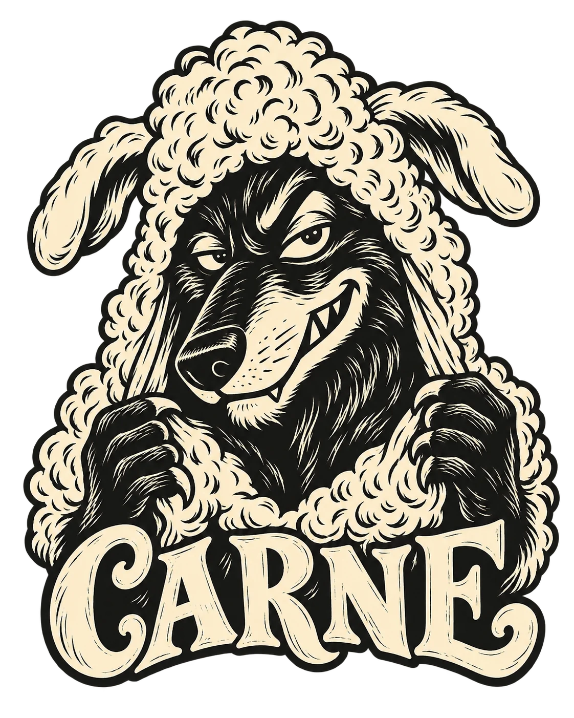 Loup souriant sous une peau de mouton, dessin noir et crème et lettrage CARNE, sur fond transparent.
